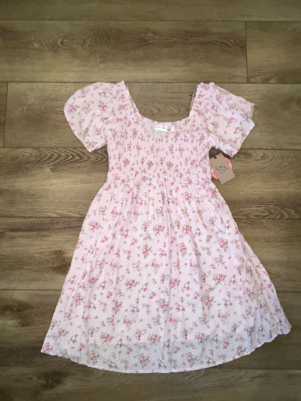 Maternity smocked Pink Floral Dress with Puff Sleeves